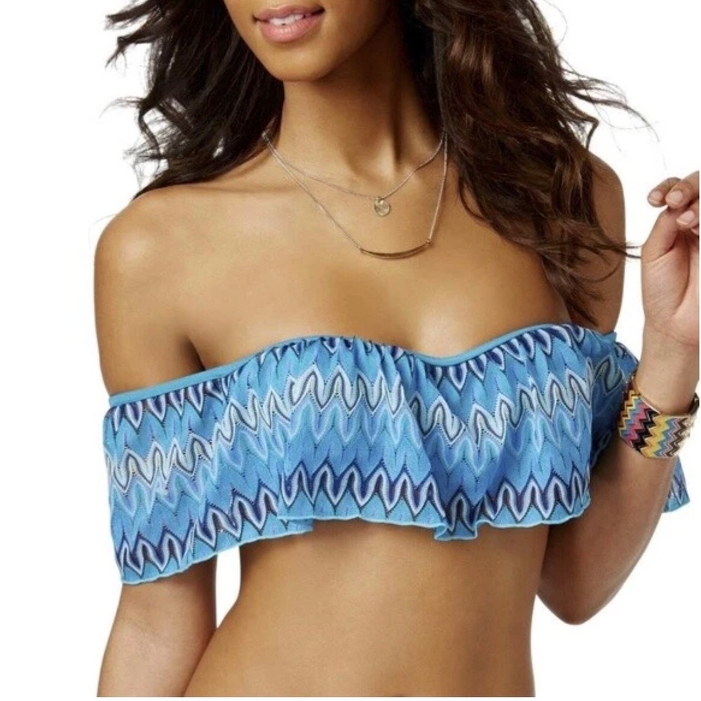 Hula Honey Blue Chevron Crochet Flounce Bandeau Bikini Top NWT Size L